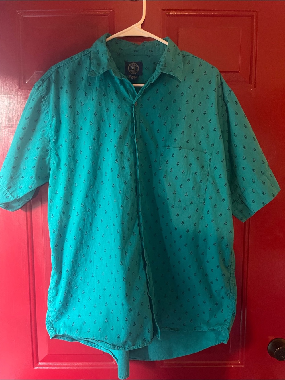 GAP Teal Short-Sleeve Button-Down Shirt with Anchor Print